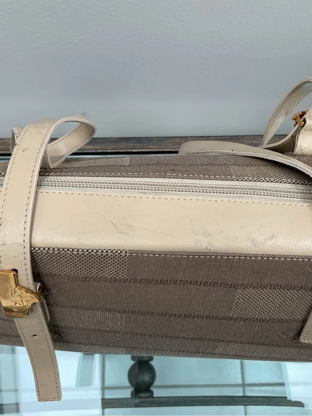 Versace Beige Canvas Messenger Bag with Leather Trim